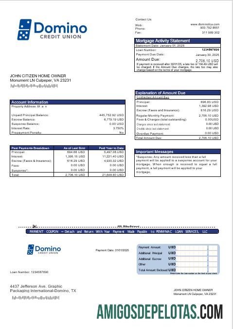 Extrato de hipoteca do USA Bank Of Domino Bank em formatos Word e PDF exemplo real